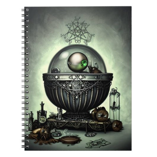 Steampunk  Cauldron en Magische Punten op Groen Notitieboek (Voorkant)