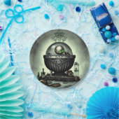 Steampunk Cauldron en Magische Punten op Groen Papieren Bordje (Feest)