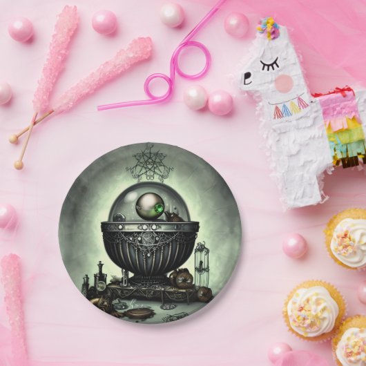 Steampunk Cauldron en Magische Punten op Groen Papieren Bordje (Feest)