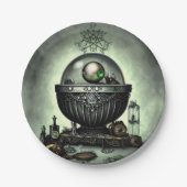 Steampunk Cauldron en Magische Punten op Groen Papieren Bordje (Voorkant)