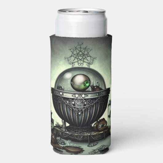 Steampunk  Cauldron en Magische Punten op Groen Seltzer Blikjeskoeler (Seltzer Achterkant)