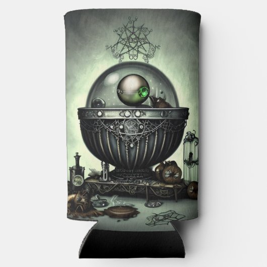 Steampunk Cauldron en Magische Punten op Groen Seltzer Blikjeskoeler (Achterkant)