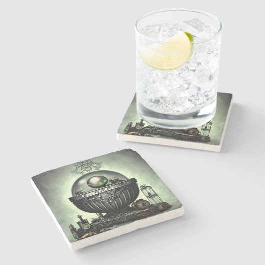 Steampunk Cauldron en Magische Punten op Groen Stenen Onderzetter (Zijkant)