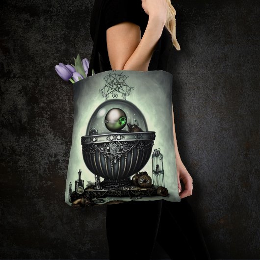 Steampunk  Cauldron en Magische Punten op Groen Tote Bag