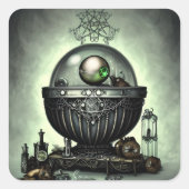 Steampunk Cauldron en Magische Punten op Groen Vierkante Sticker (Voorkant)