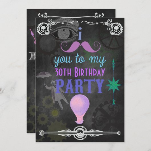 Steampunk Chalkboard Birthday Party Kaart (Voorkant / Achterkant)