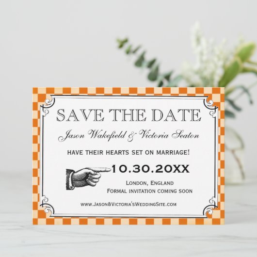 Steampunk Checkerboard Weddenschap Save the Date C (Staand voorkant)