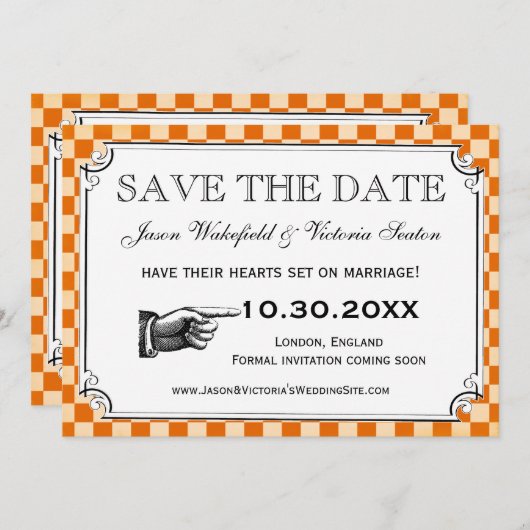 Steampunk Checkerboard Weddenschap Save the Date C (Voorkant / Achterkant)