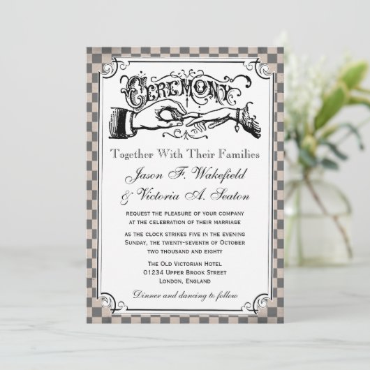 Steampunk Checkerboard Wedding Invitations Kaart (Staand voorkant)