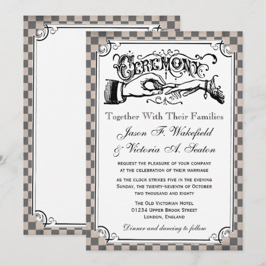 Steampunk Checkerboard Wedding Invitations Kaart (Voorkant / Achterkant)