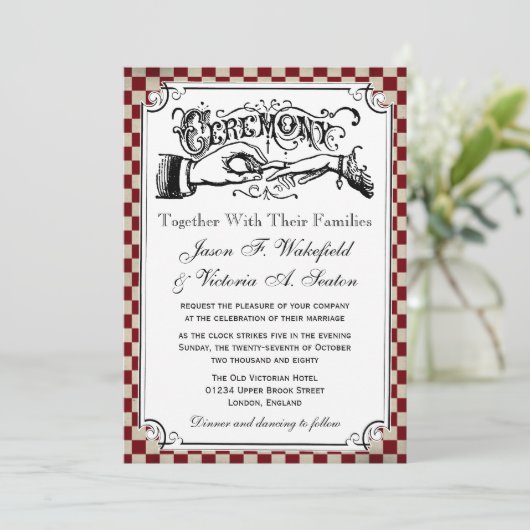 Steampunk Checkerboard Wedding Invitations Kaart (Staand voorkant)