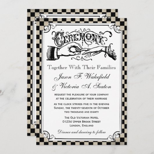 Steampunk Checkerboard Wedding Invitations Kaart (Voorkant / Achterkant)