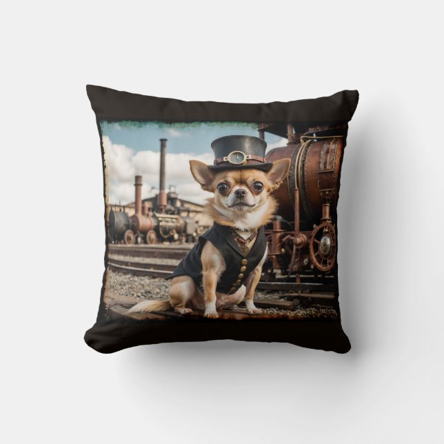 Steampunk Chihuahua en trein Kussen (Voorkant)