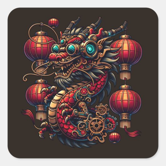 Steampunk Chinees Nieuwjaar Dragon Vierkante Sticker (Voorkant)