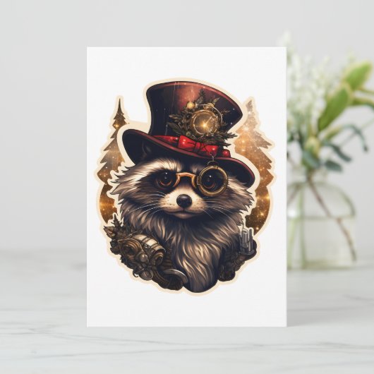 Steampunk Christmas Raccoon Kaart (Staand voorkant)