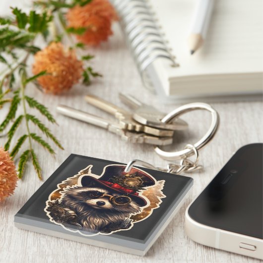 Steampunk Christmas Raccoon Sleutelhanger (Voorkant Rechts)