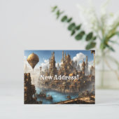 Steampunk City with Balloon New Address Briefkaart (Staand voorkant)