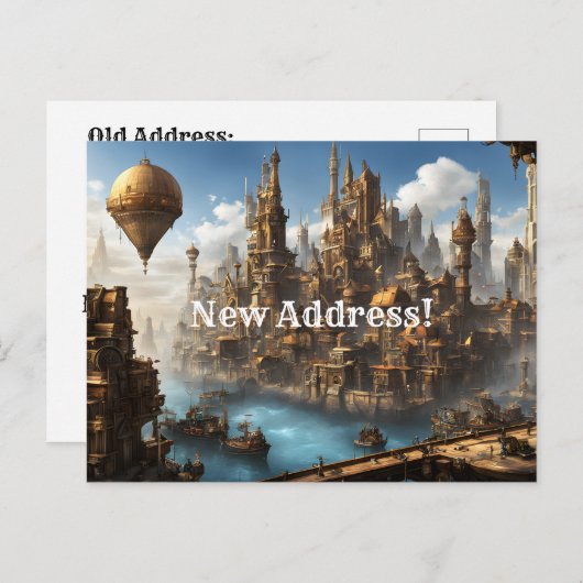 Steampunk City with Balloon New Address Briefkaart (Voorkant / Achterkant)