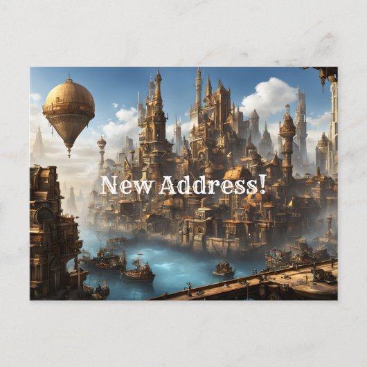 Steampunk City with Balloon New Address Briefkaart (Voorkant)