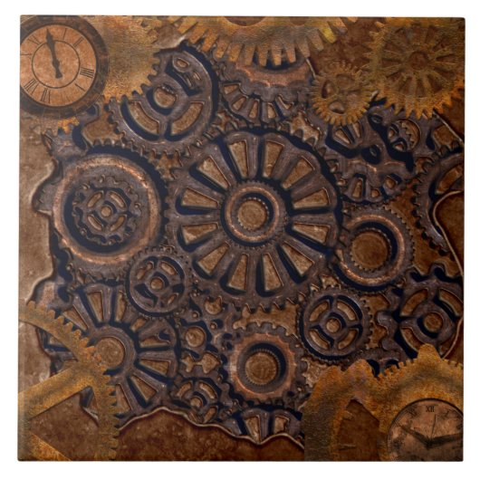 Steampunk Clock Black, Brass, Brown Tegeltje (Voorkant)