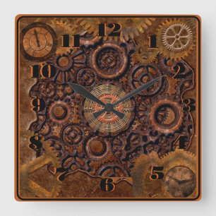 Steampunk Clock Black, Brass, Brown Vierkante Klok