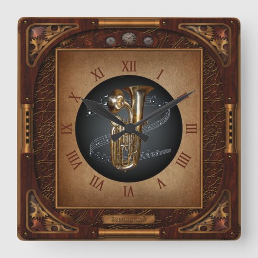Steampunk Clock~Doublophone~Double Bell Euphonium~ Vierkante Klok (Voorkant)
