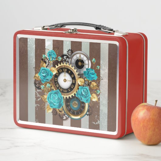 Steampunk Clock- en Turquoise-Rozen op gestreept (In situ)