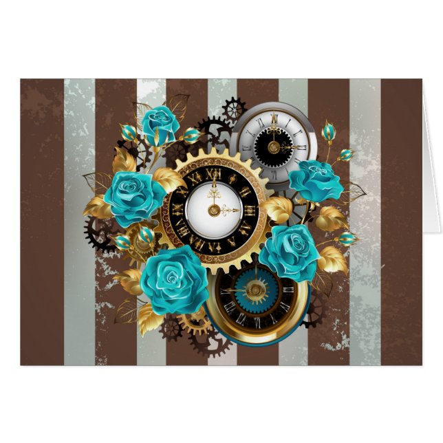 Steampunk Clock- en Turquoise-Rozen op gestreept (Voorkant Horizontaal)