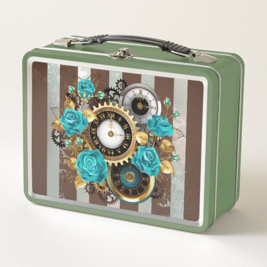 Steampunk Clock- en Turquoise-Rozen op gestreept (Voorkant)