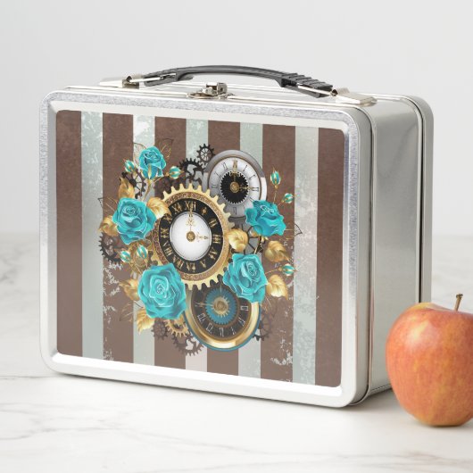 Steampunk Clock- en Turquoise-Rozen op gestreept (In situ)