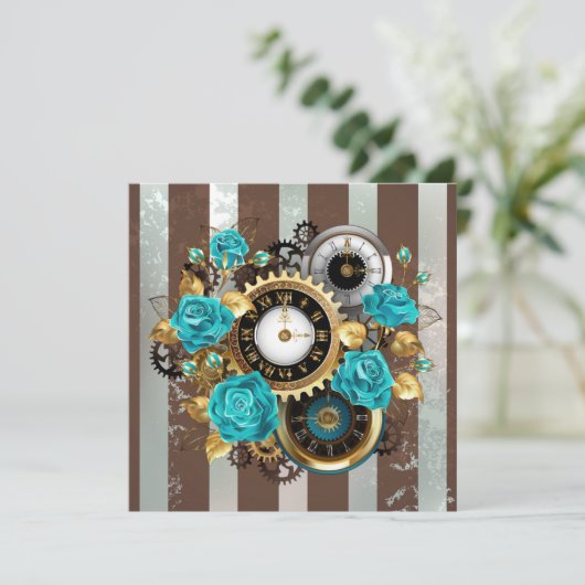 Steampunk Clock- en Turquoise-Rozen op gestreept Aankondiging (Staand voorkant)