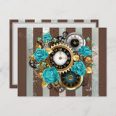 Steampunk Clock- en Turquoise-Rozen op gestreept Aankondiging (Voorkant / Achterkant)