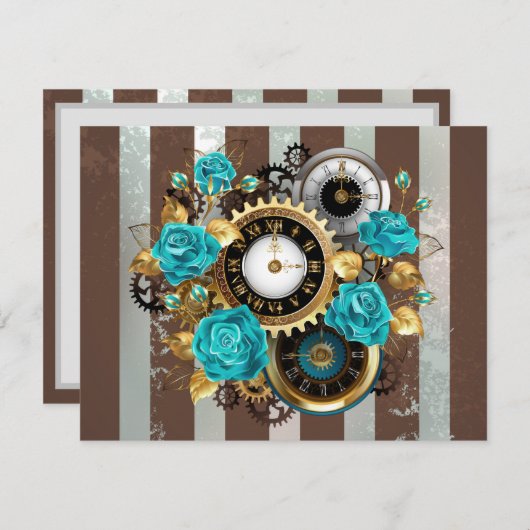 Steampunk Clock- en Turquoise-Rozen op gestreept Aankondiging (Voorkant / Achterkant)