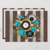 Steampunk Clock- en Turquoise-Rozen op gestreept Aankondiging (Voorkant / Achterkant)