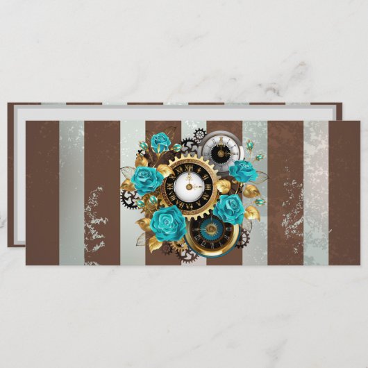 Steampunk Clock- en Turquoise-Rozen op gestreept Aankondiging (Voorkant / Achterkant)