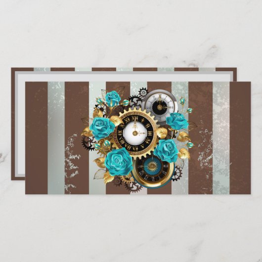 Steampunk Clock- en Turquoise-Rozen op gestreept Aankondiging (Voorkant / Achterkant)