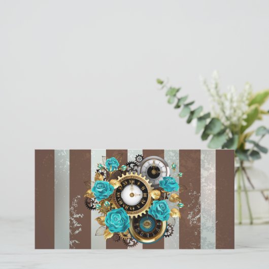 Steampunk Clock- en Turquoise-Rozen op gestreept Aankondiging (Staand voorkant)