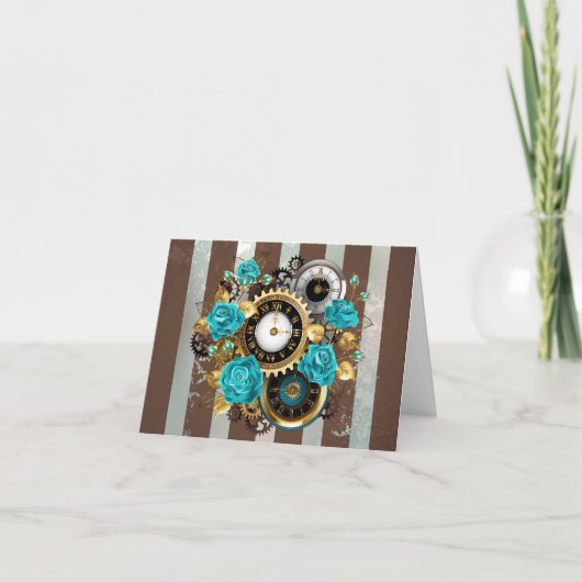 Steampunk Clock- en Turquoise-Rozen op gestreept Aankondiging (Voorkant)