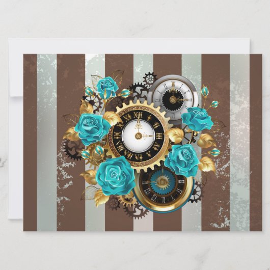 Steampunk Clock- en Turquoise-Rozen op gestreept Aankondiging (Voorkant)
