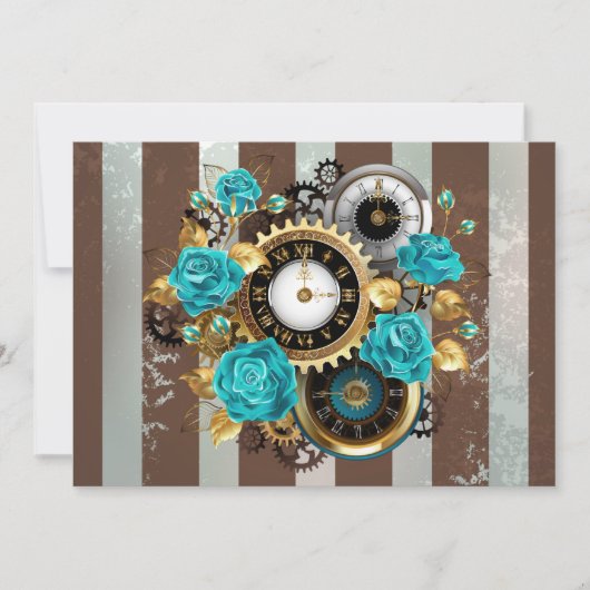 Steampunk Clock- en Turquoise-Rozen op gestreept Aankondiging (Voorkant)