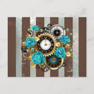 Steampunk Clock- en Turquoise-Rozen op gestreept Aankondigingskaart
