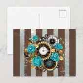 Steampunk Clock- en Turquoise-Rozen op gestreept Aankondigingskaart (Voorkant / Achterkant)