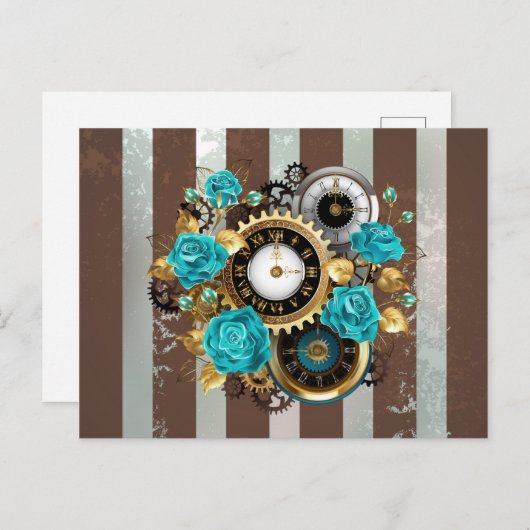 Steampunk Clock- en Turquoise-Rozen op gestreept Aankondigingskaart (Voorkant / Achterkant)