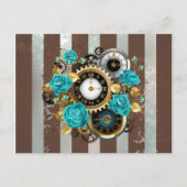 Steampunk Clock- en Turquoise-Rozen op gestreept Aankondigingskaart (Voorkant)