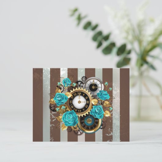 Steampunk Clock- en Turquoise-Rozen op gestreept Aankondigingskaart (Staand voorkant)