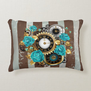 Steampunk Clock- en Turquoise-Rozen op gestreept Accent Kussen
