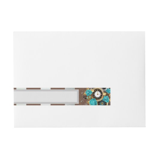 Steampunk Clock- en Turquoise-Rozen op gestreept Adreslabel Wikkel (Voorkant)