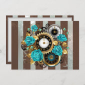 Steampunk Clock- en Turquoise-Rozen op gestreept Advieskaart (Voorkant / Achterkant)