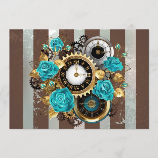 Steampunk Clock- en Turquoise-Rozen op gestreept Advieskaart (Voorkant)
