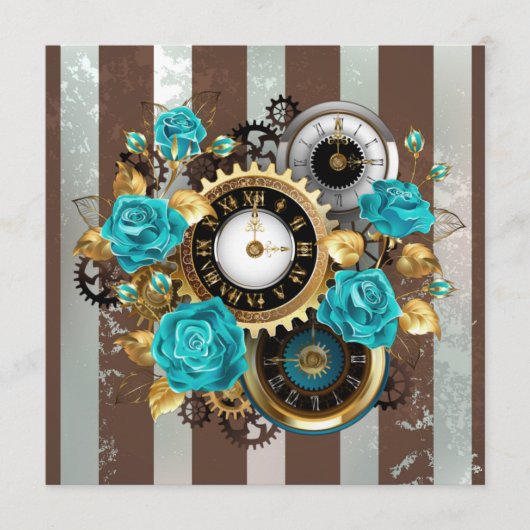 Steampunk Clock- en Turquoise-Rozen op gestreept Advieskaart (Voorkant)